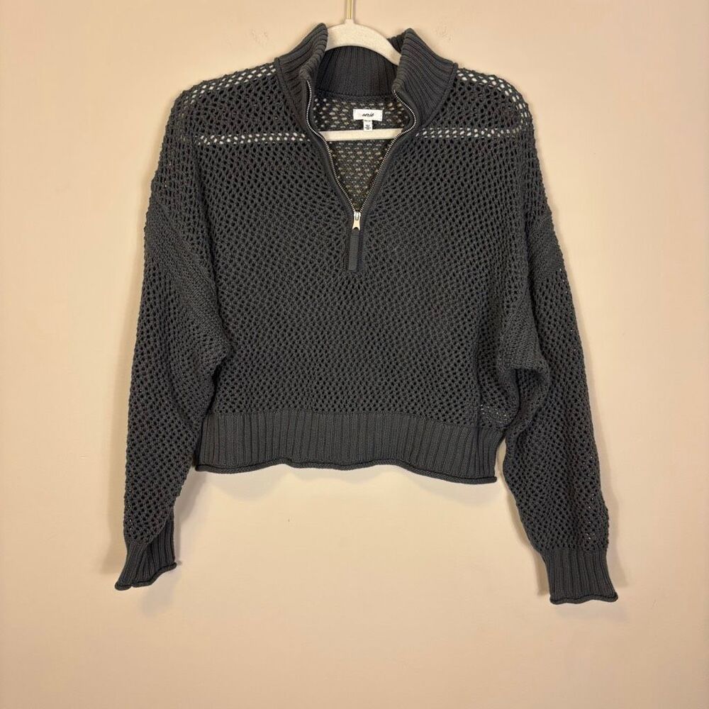 Aerie Grey Open Knit Quarter Zip Pullover Sweater XS